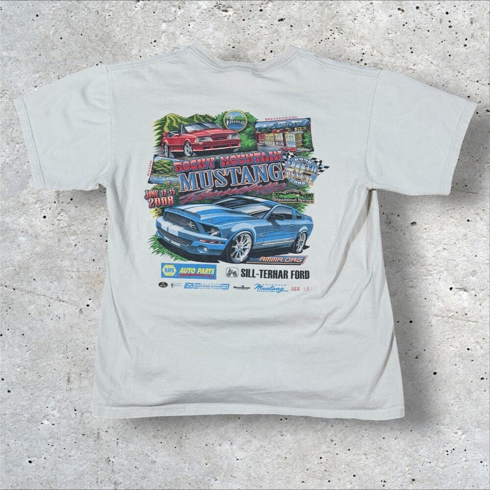 Vintage Y2K Ford Mustang Rocky Mountain Roundup Car Show Shirt Large Gray Defect